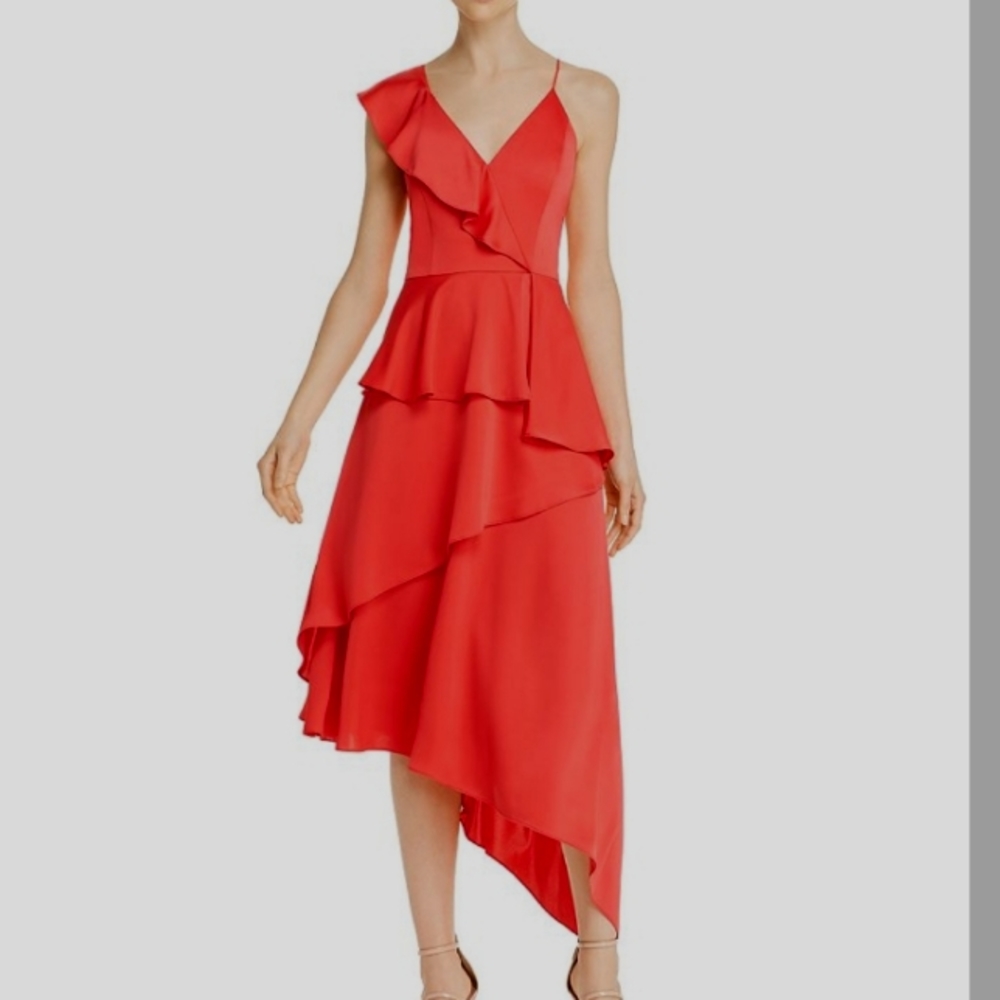 NWT AIDAN MATTOX CHARMEUSE ASYMMETRICAL ruffle fruit punch red midi DRESS 8